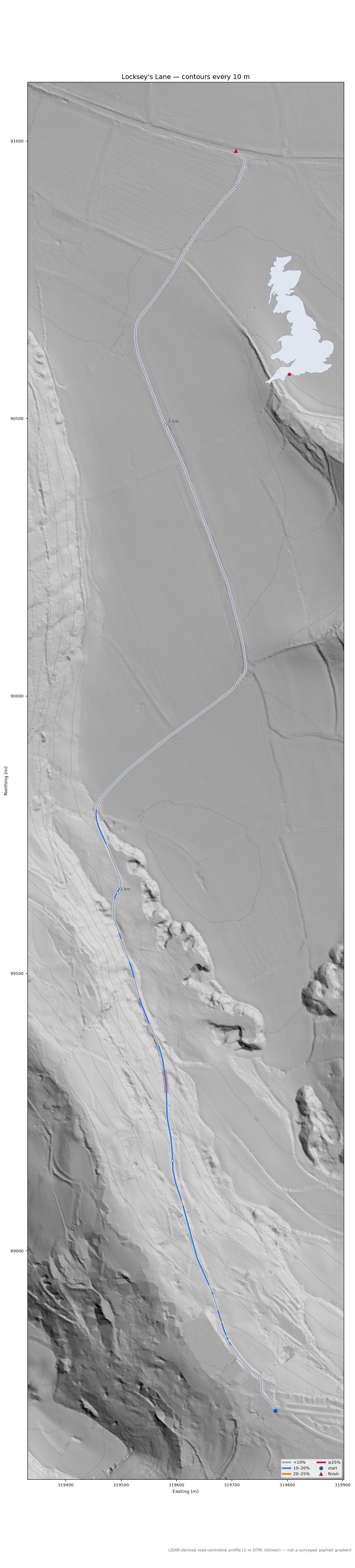 Locksey's Lane LiDAR hillshade map with contours