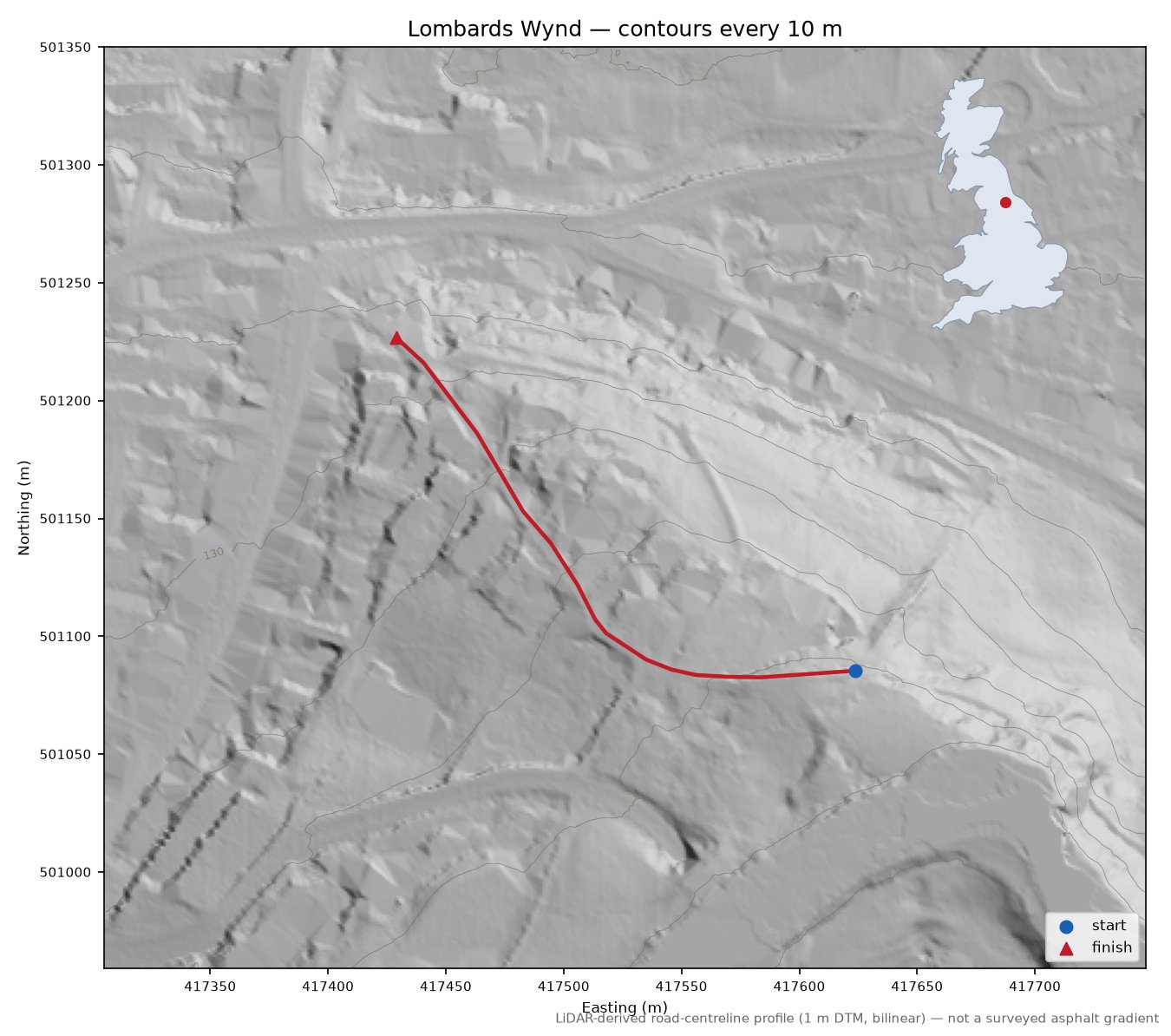 Lombards Wynd LiDAR hillshade map with contours