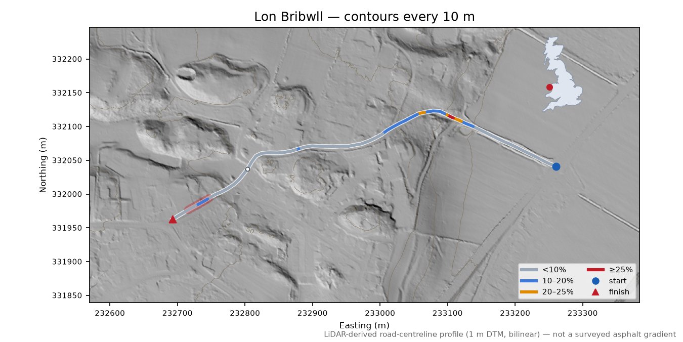 Lon Bribwll LiDAR hillshade map with contours