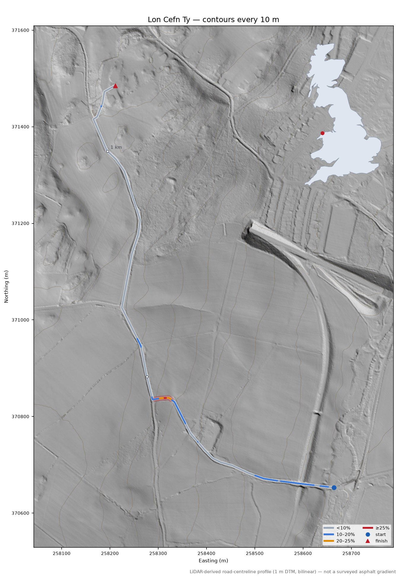 Lon Cefn Ty LiDAR hillshade map with contours