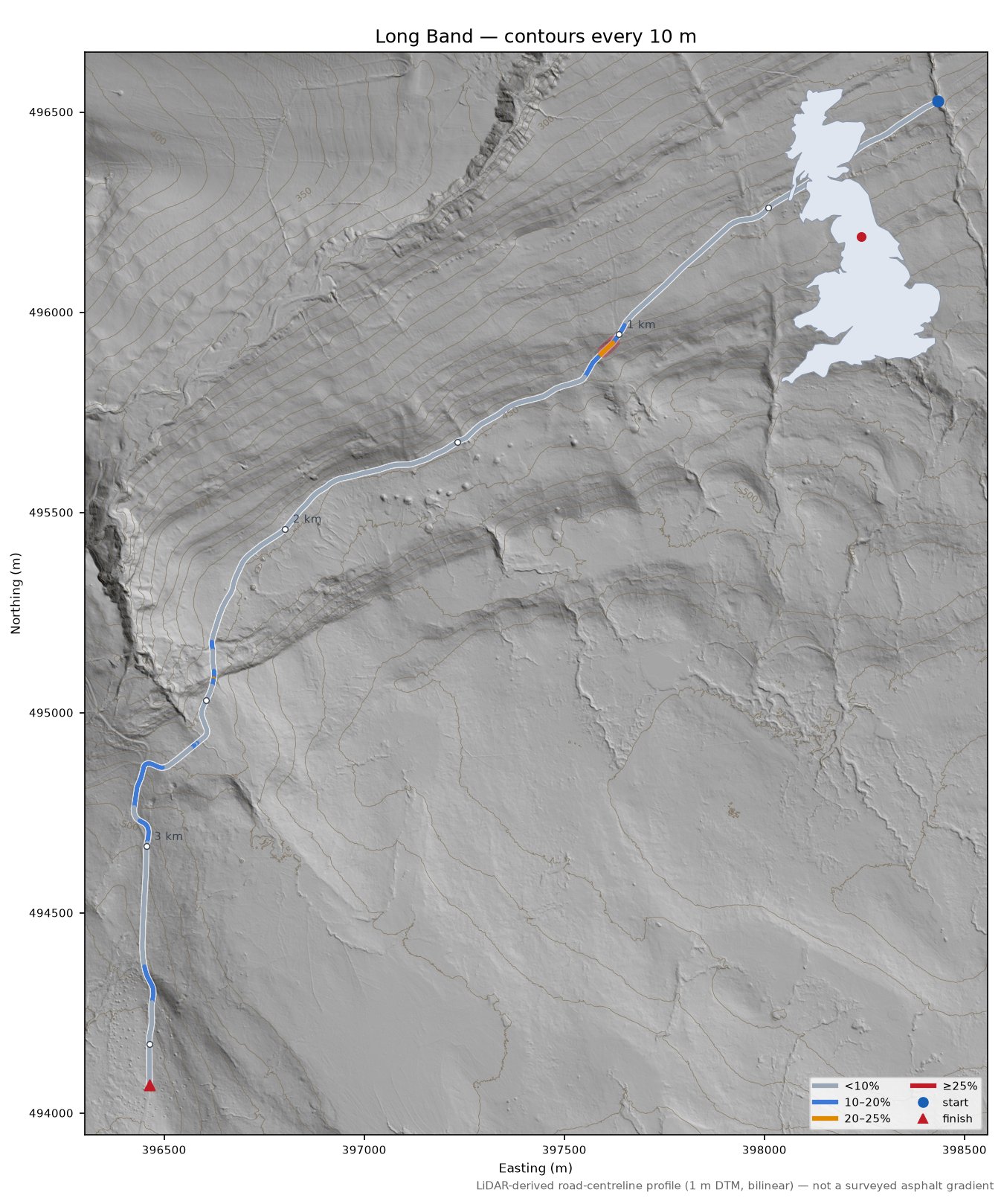 Long Band LiDAR hillshade map with contours