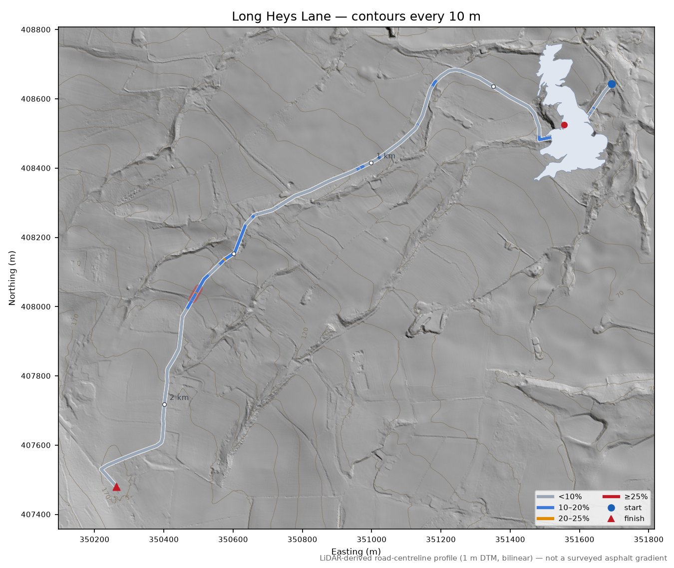 Long Heys Lane LiDAR hillshade map with contours