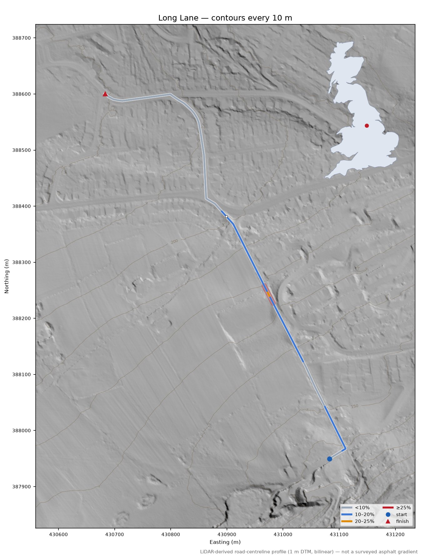 Long Lane LiDAR hillshade map with contours