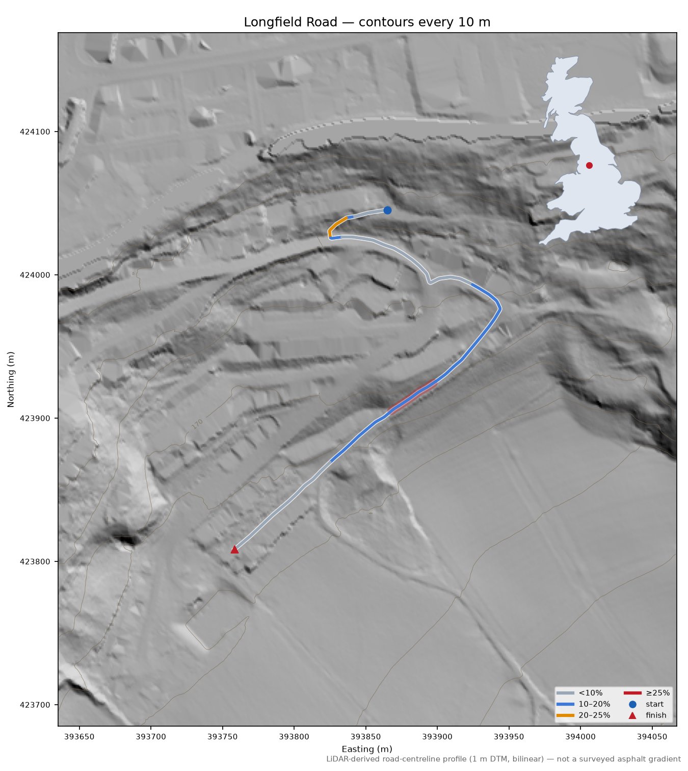 Longfield Road LiDAR hillshade map with contours