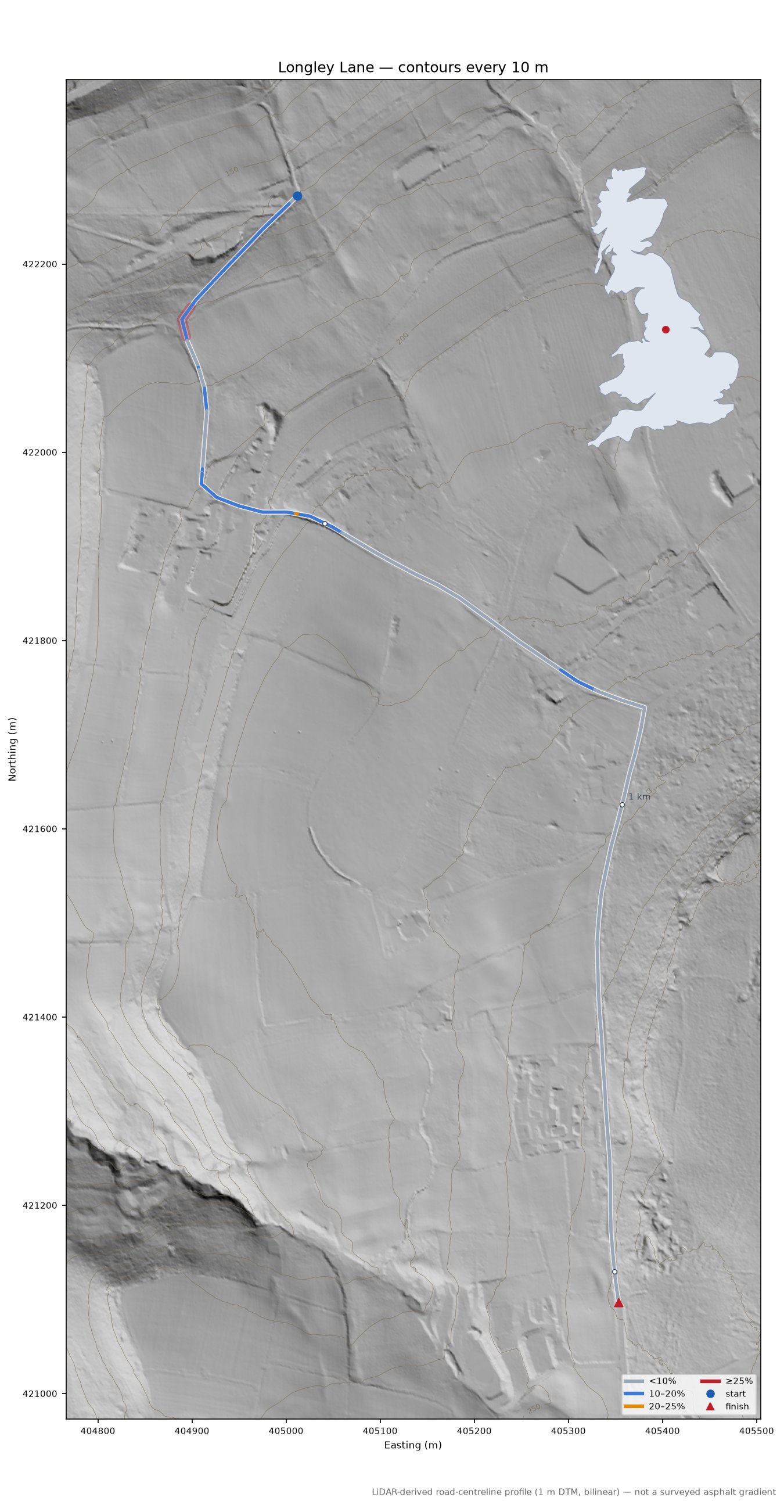 Longley Lane LiDAR hillshade map with contours