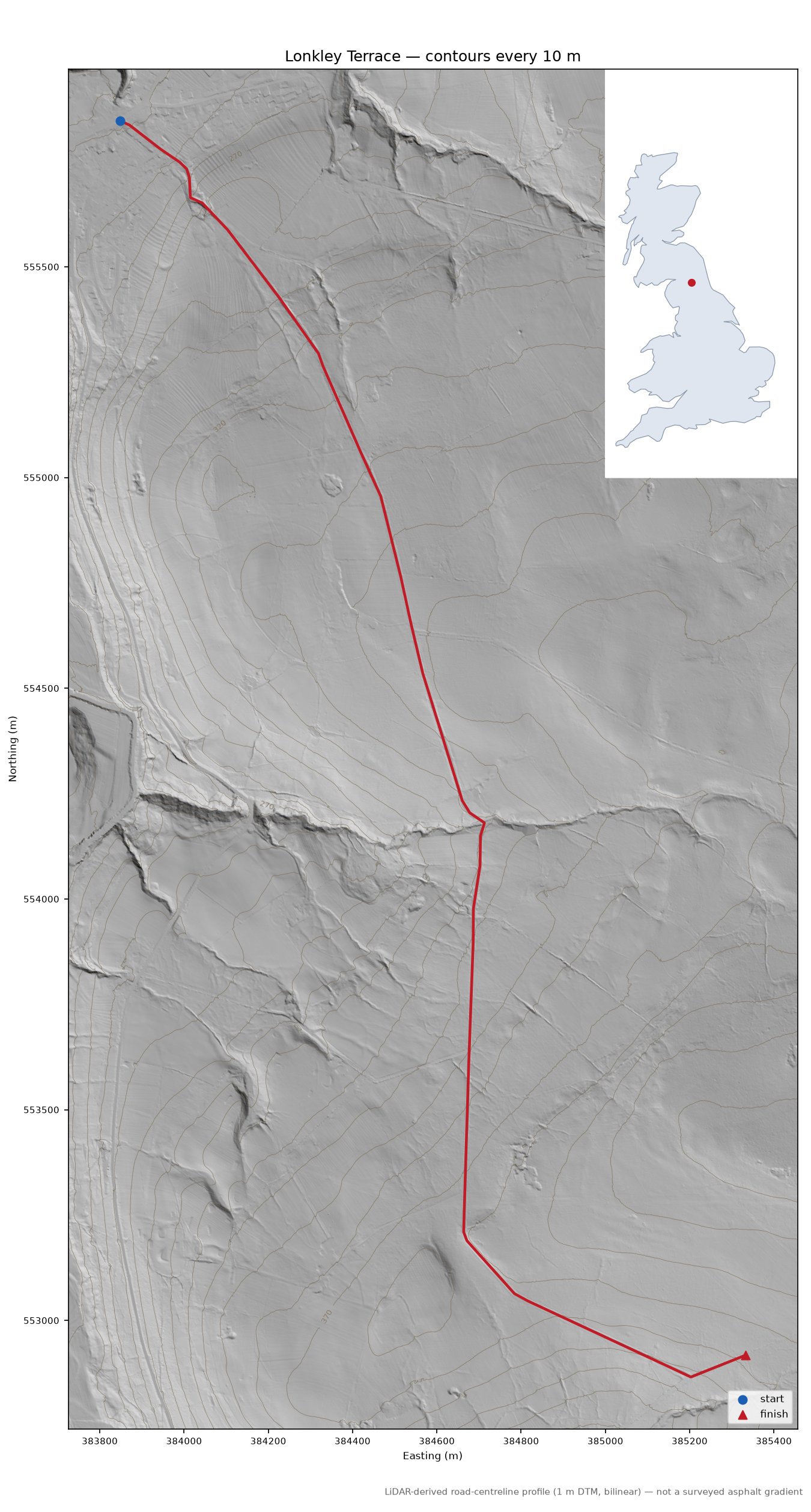 Lonkley Terrace LiDAR hillshade map with contours