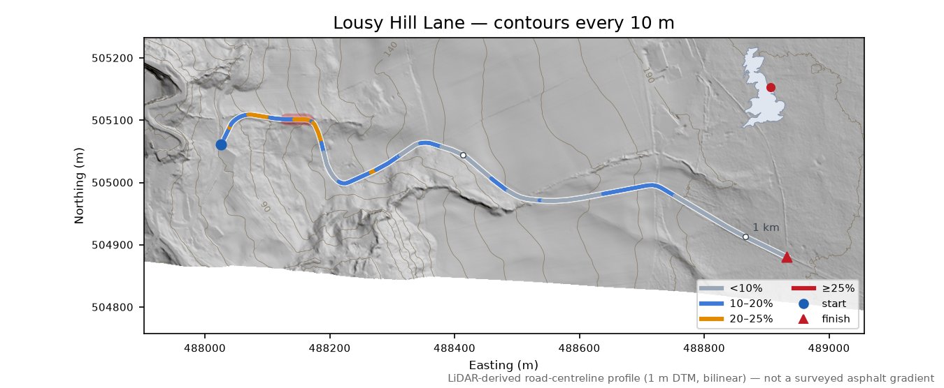 Lousy Hill Lane LiDAR hillshade map with contours