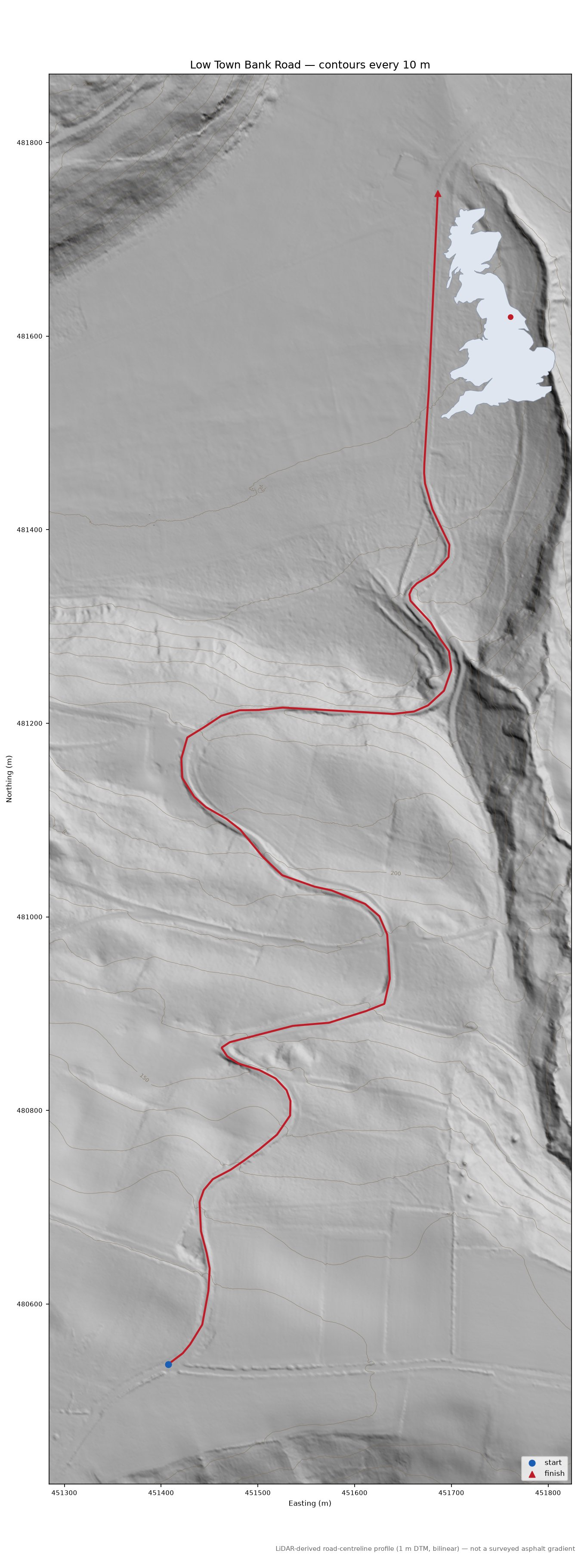 Low Town Bank Road LiDAR hillshade map with contours