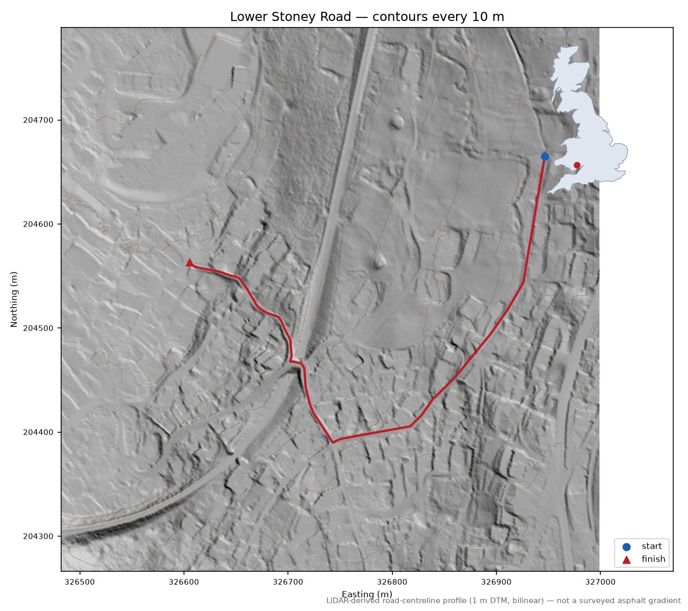 Lower Stoney Road LiDAR hillshade map with contours