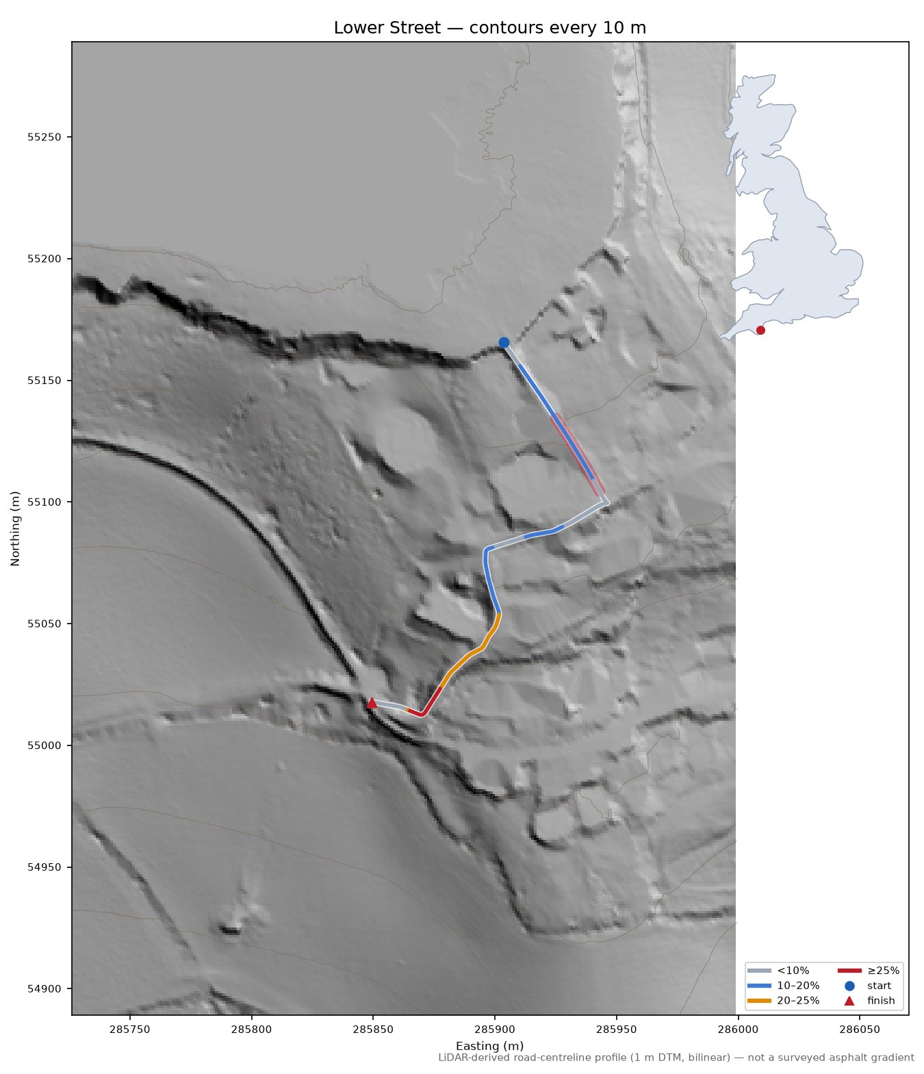 Lower Street LiDAR hillshade map with contours