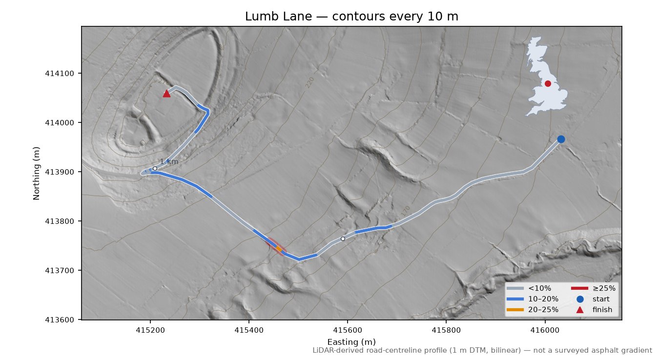 Lumb Lane LiDAR hillshade map with contours
