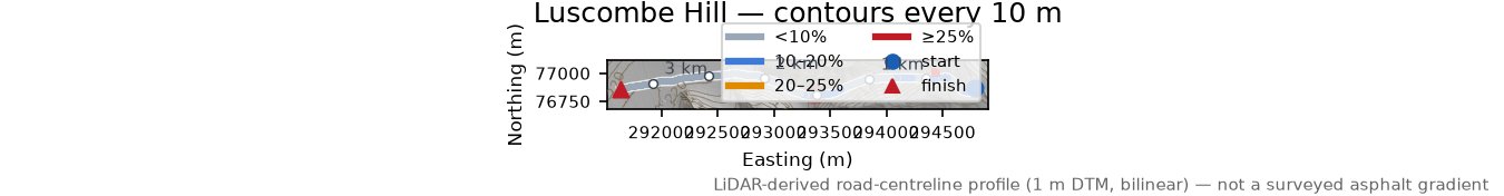 Luscombe Hill LiDAR hillshade map with contours