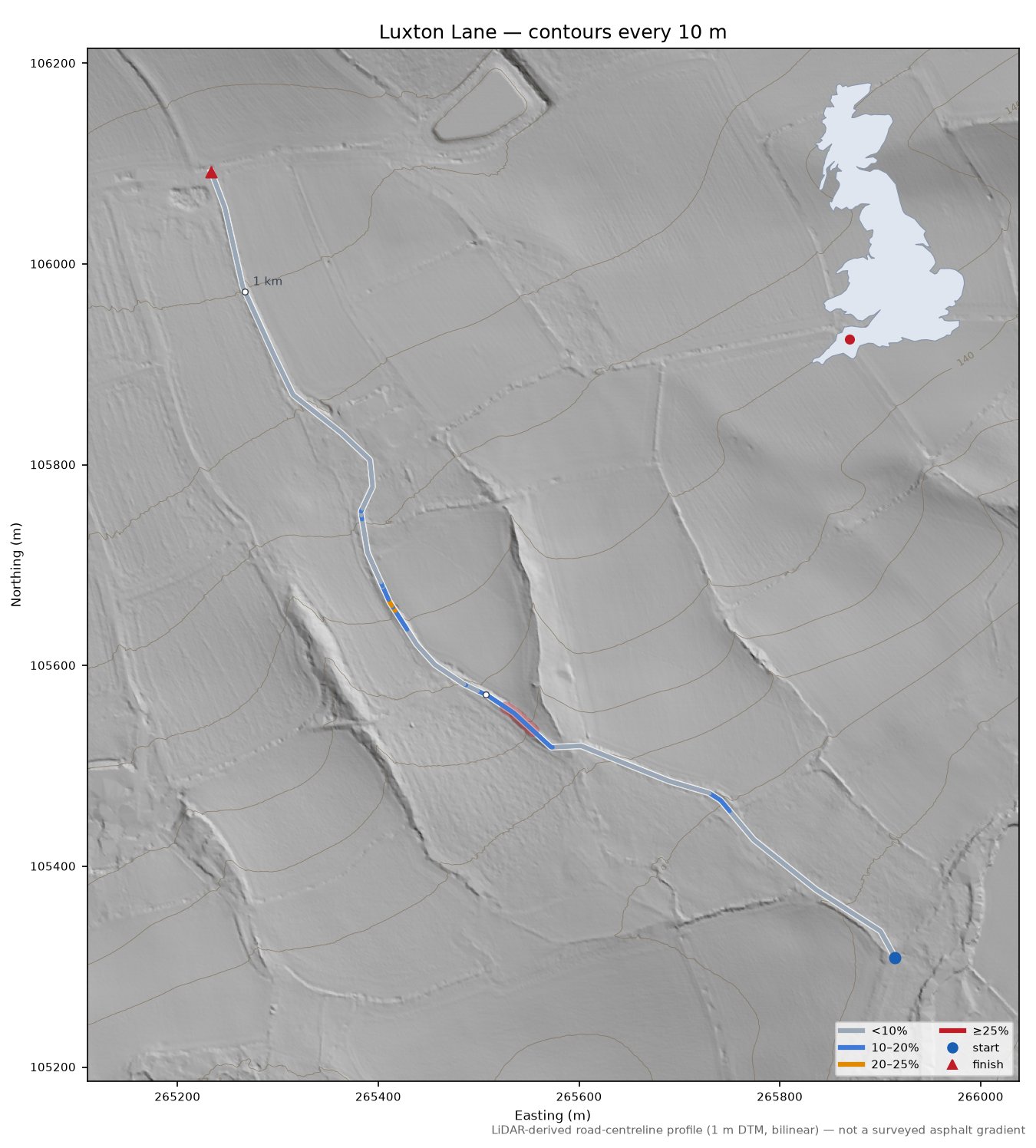 Luxton Lane LiDAR hillshade map with contours