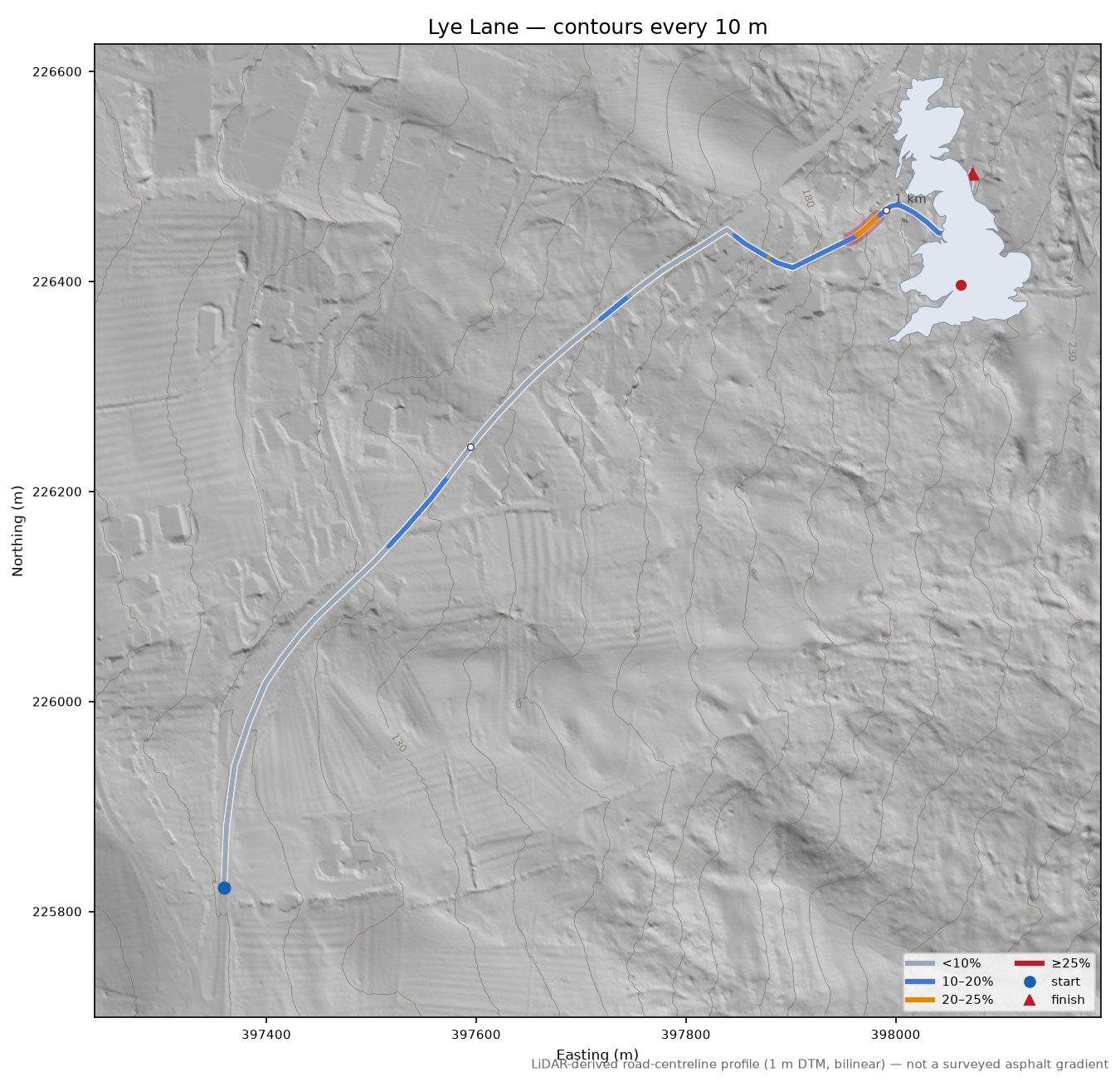 Lye Lane LiDAR hillshade map with contours