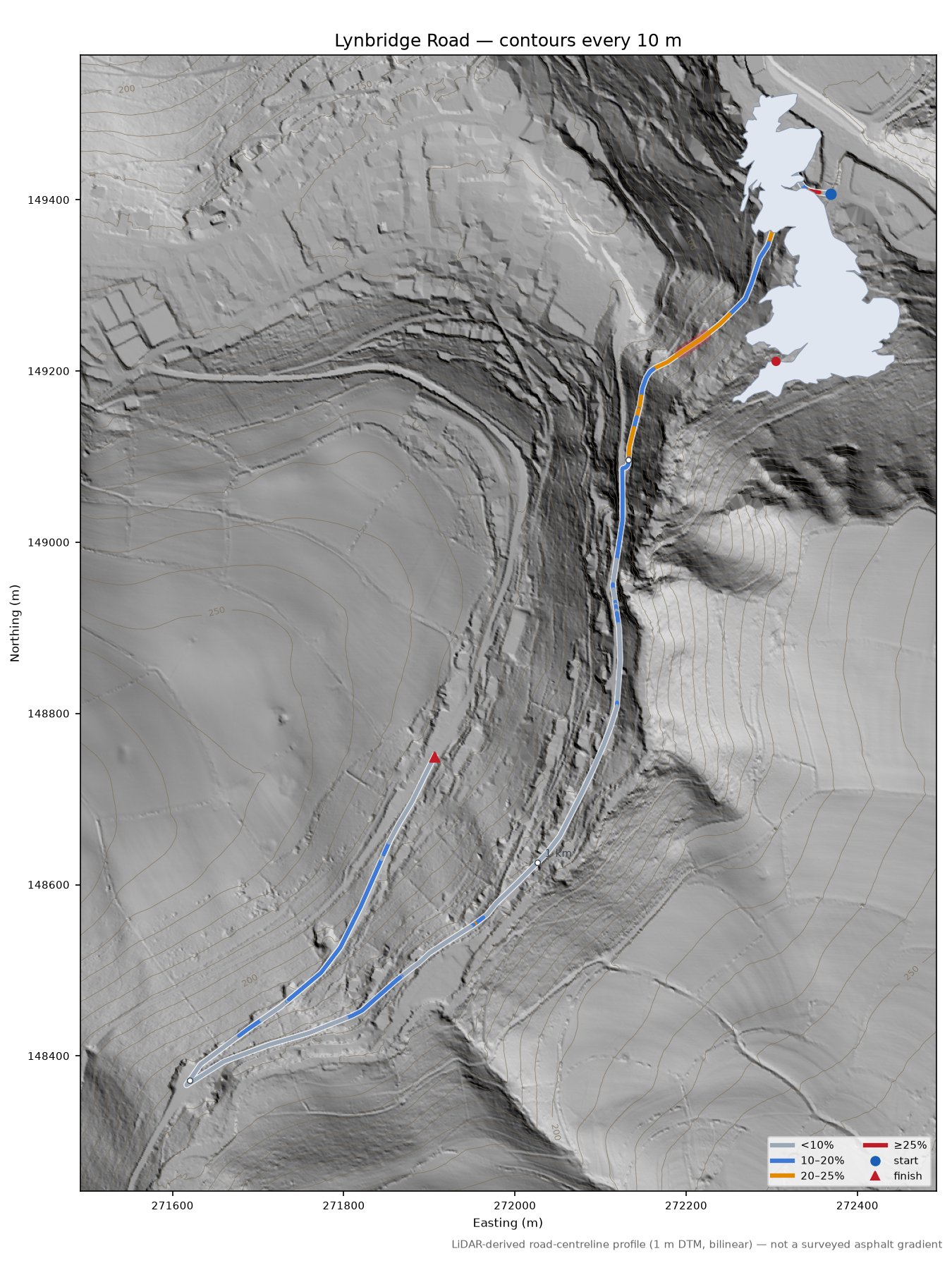 Lynbridge Road LiDAR hillshade map with contours