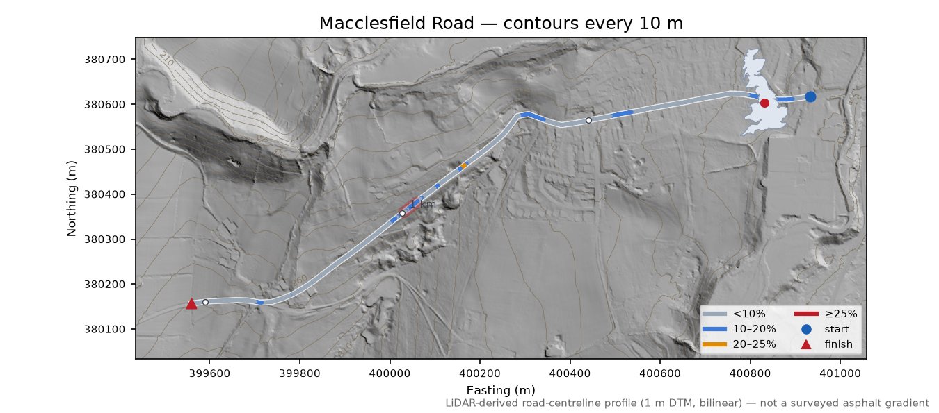 Macclesfield Road LiDAR hillshade map with contours
