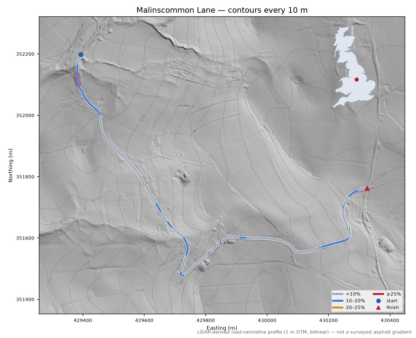 Malinscommon Lane LiDAR hillshade map with contours