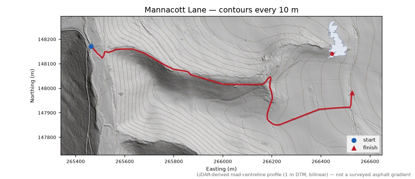Mannacott Lane LiDAR hillshade map with contours