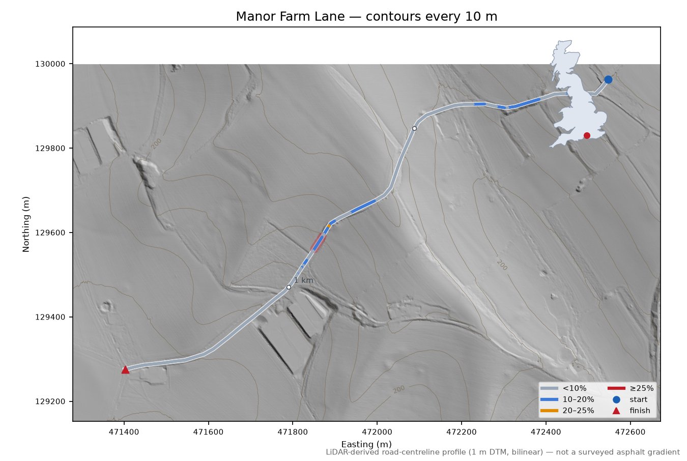 Manor Farm Lane LiDAR hillshade map with contours