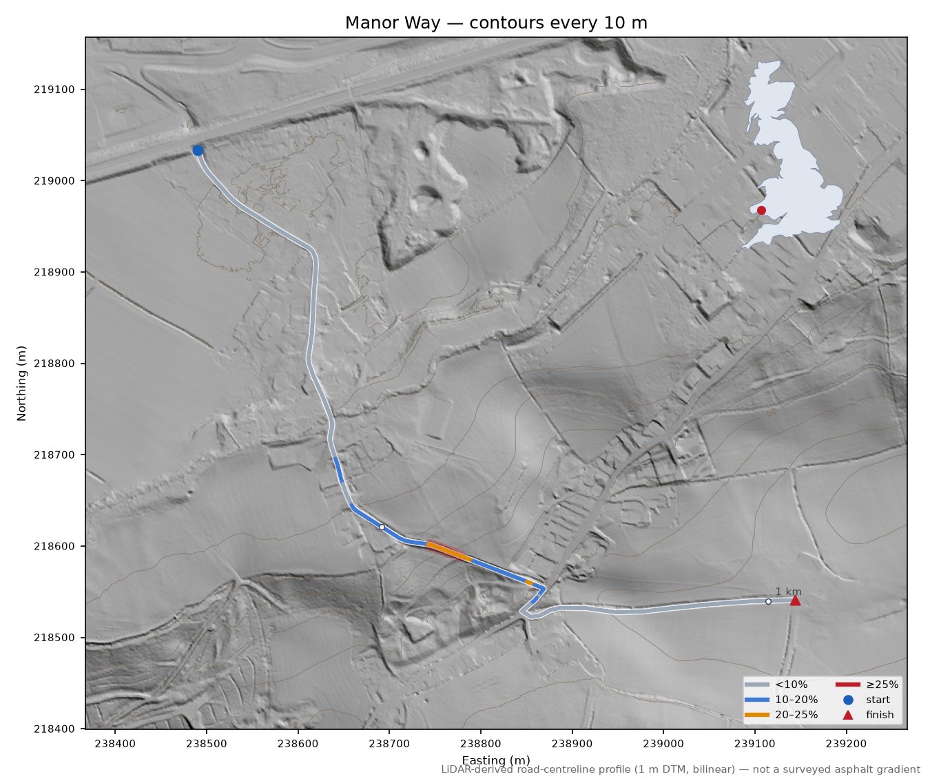 Manor Way LiDAR hillshade map with contours