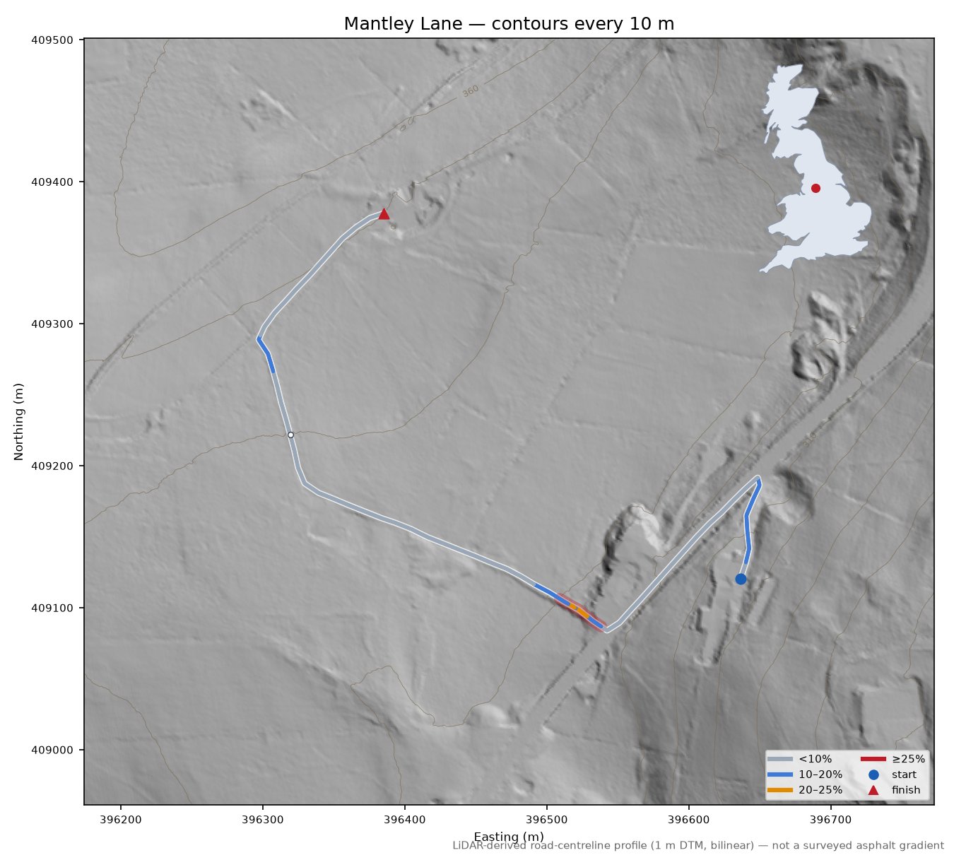 Mantley Lane LiDAR hillshade map with contours