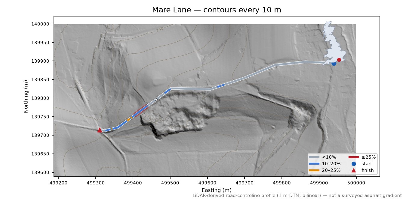 Mare Lane LiDAR hillshade map with contours