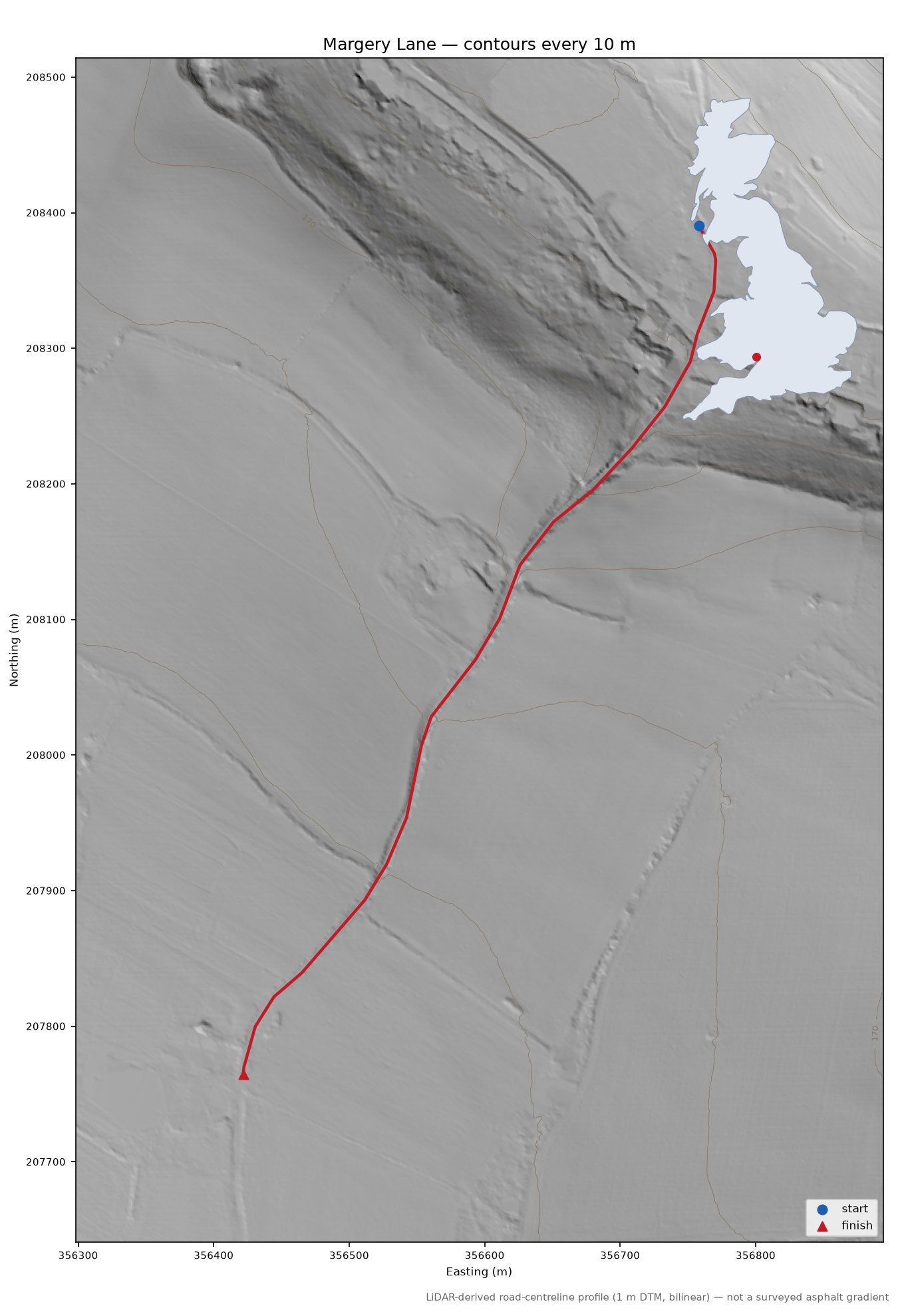 Margery Lane LiDAR hillshade map with contours