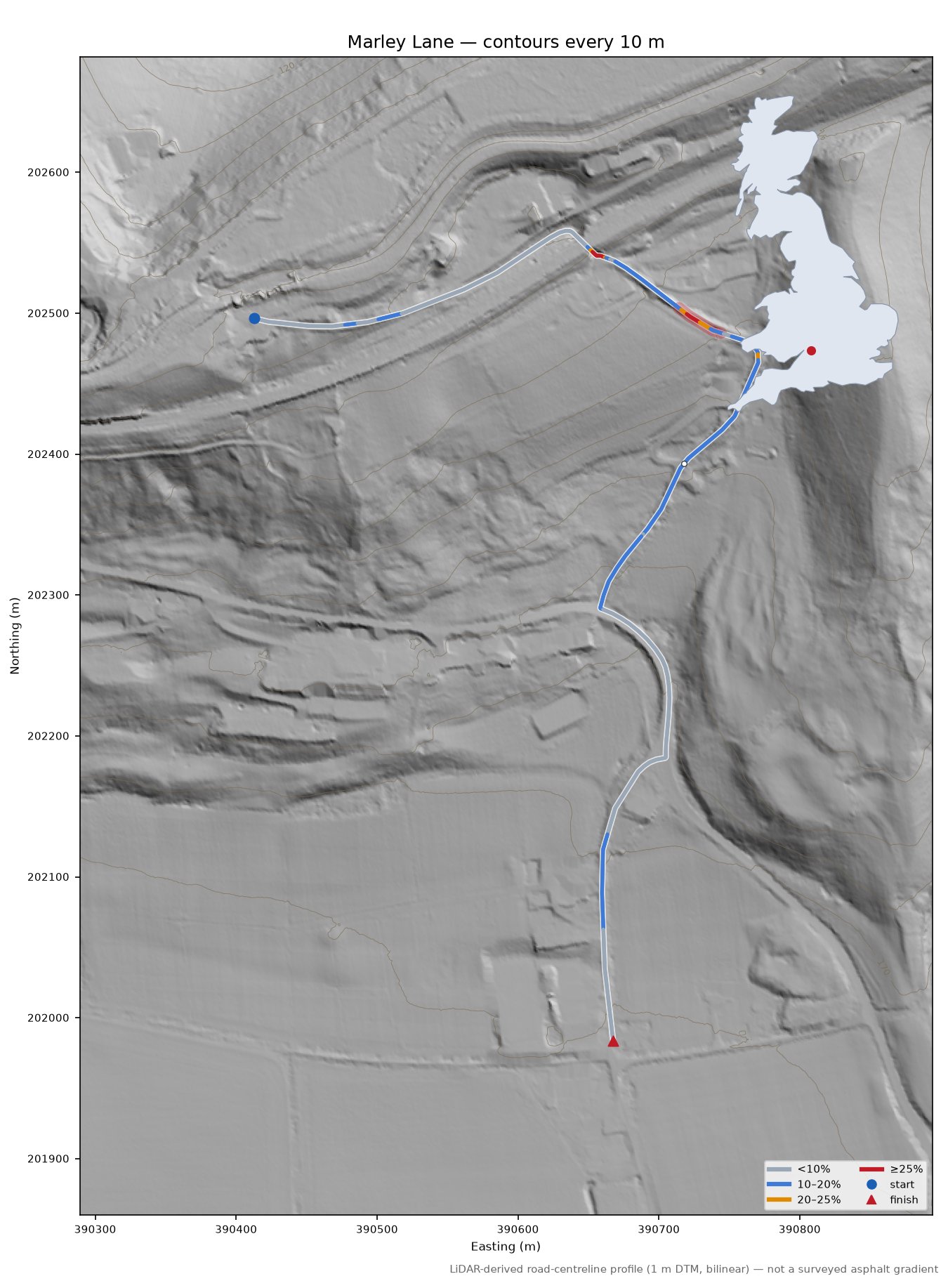 Marley Lane LiDAR hillshade map with contours