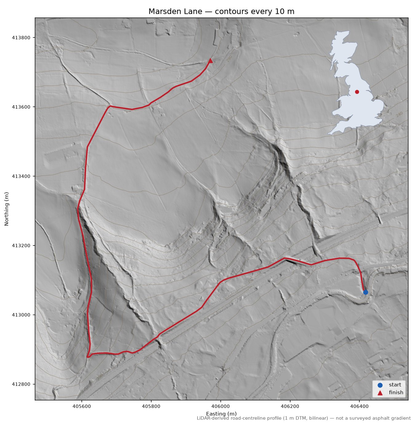 Marsden Lane LiDAR hillshade map with contours