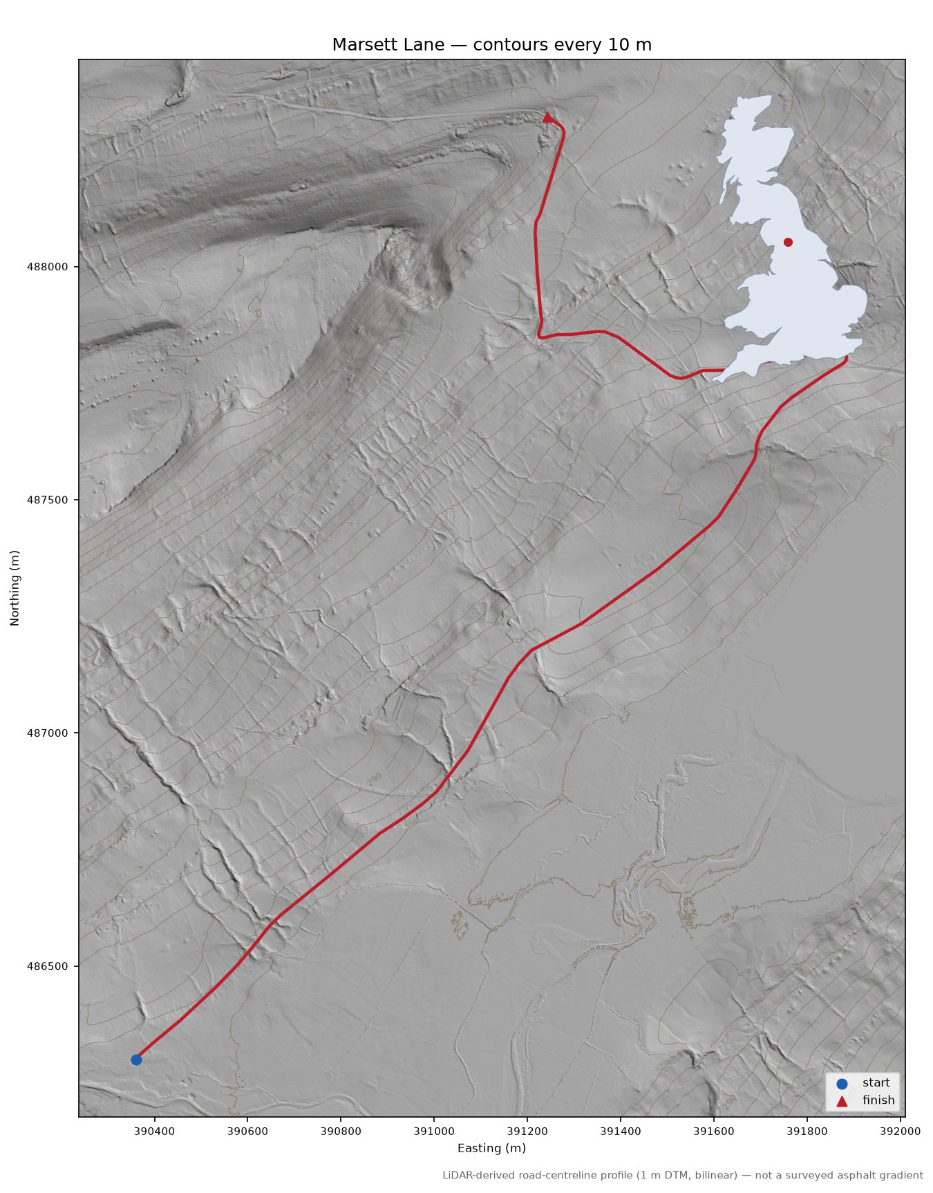 Marsett Lane LiDAR hillshade map with contours