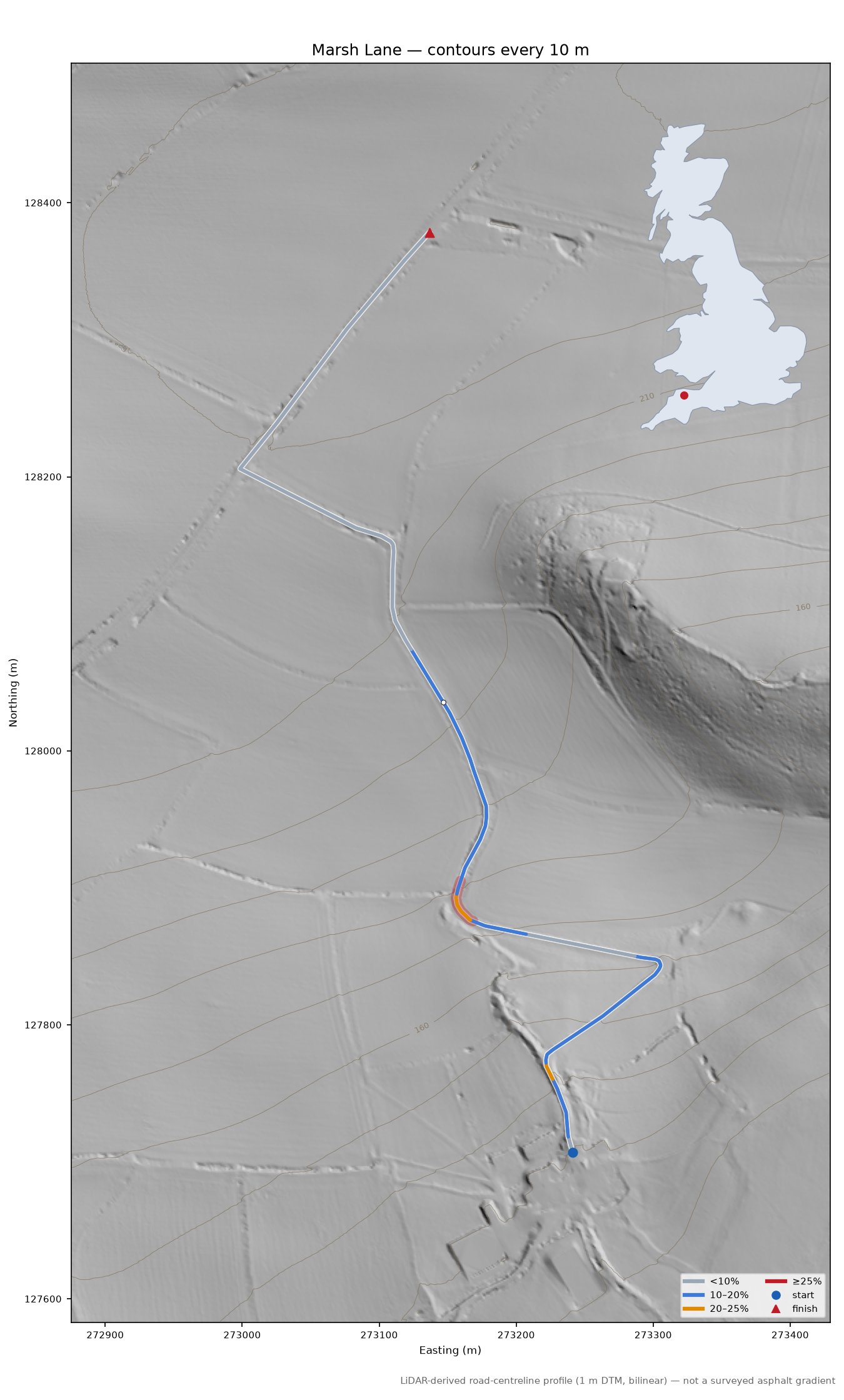 Marsh Lane LiDAR hillshade map with contours