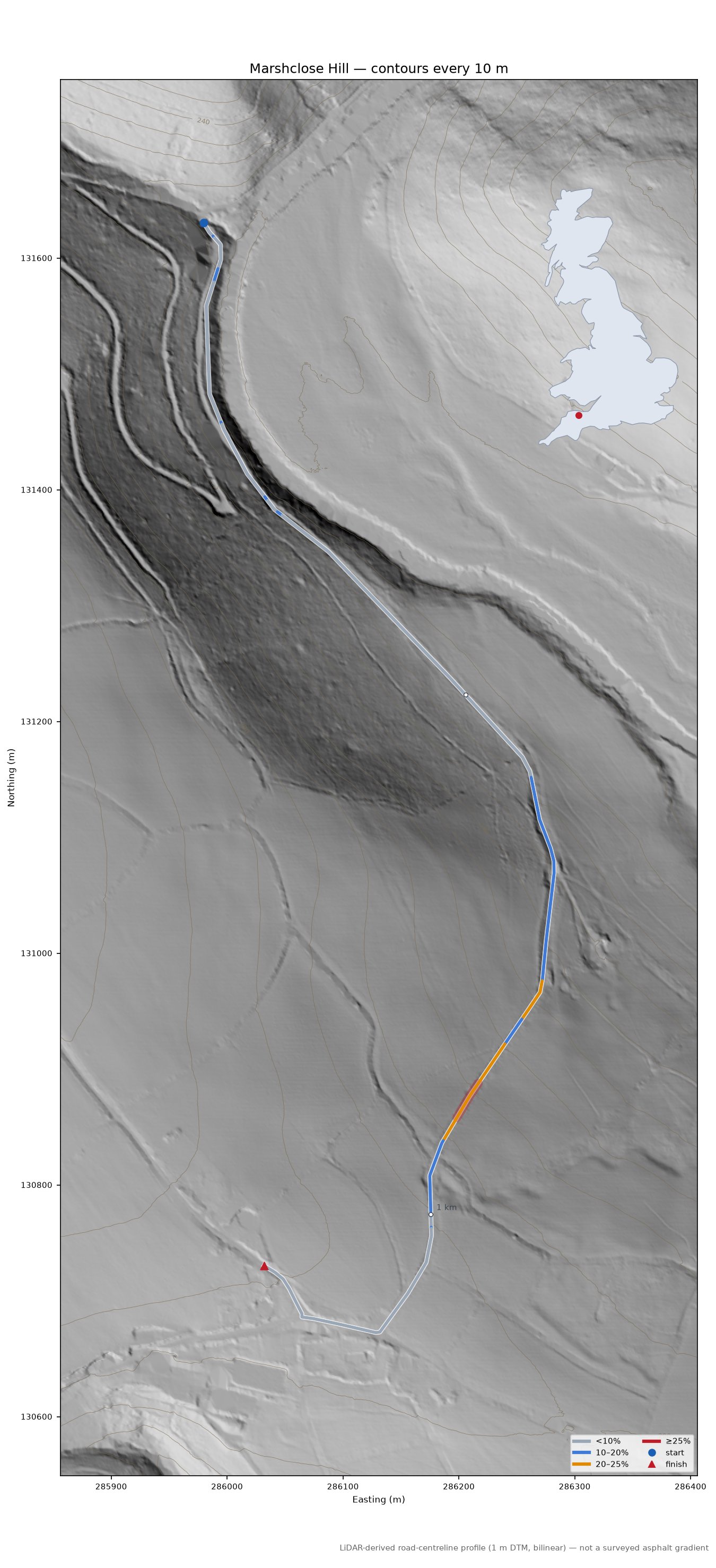 Marshclose Hill LiDAR hillshade map with contours
