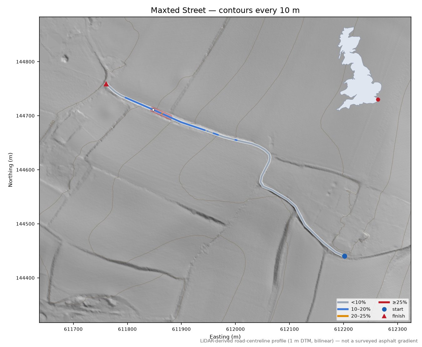 Maxted Street LiDAR hillshade map with contours
