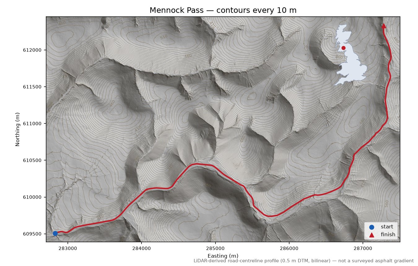 Mennock Pass LiDAR hillshade map with contours