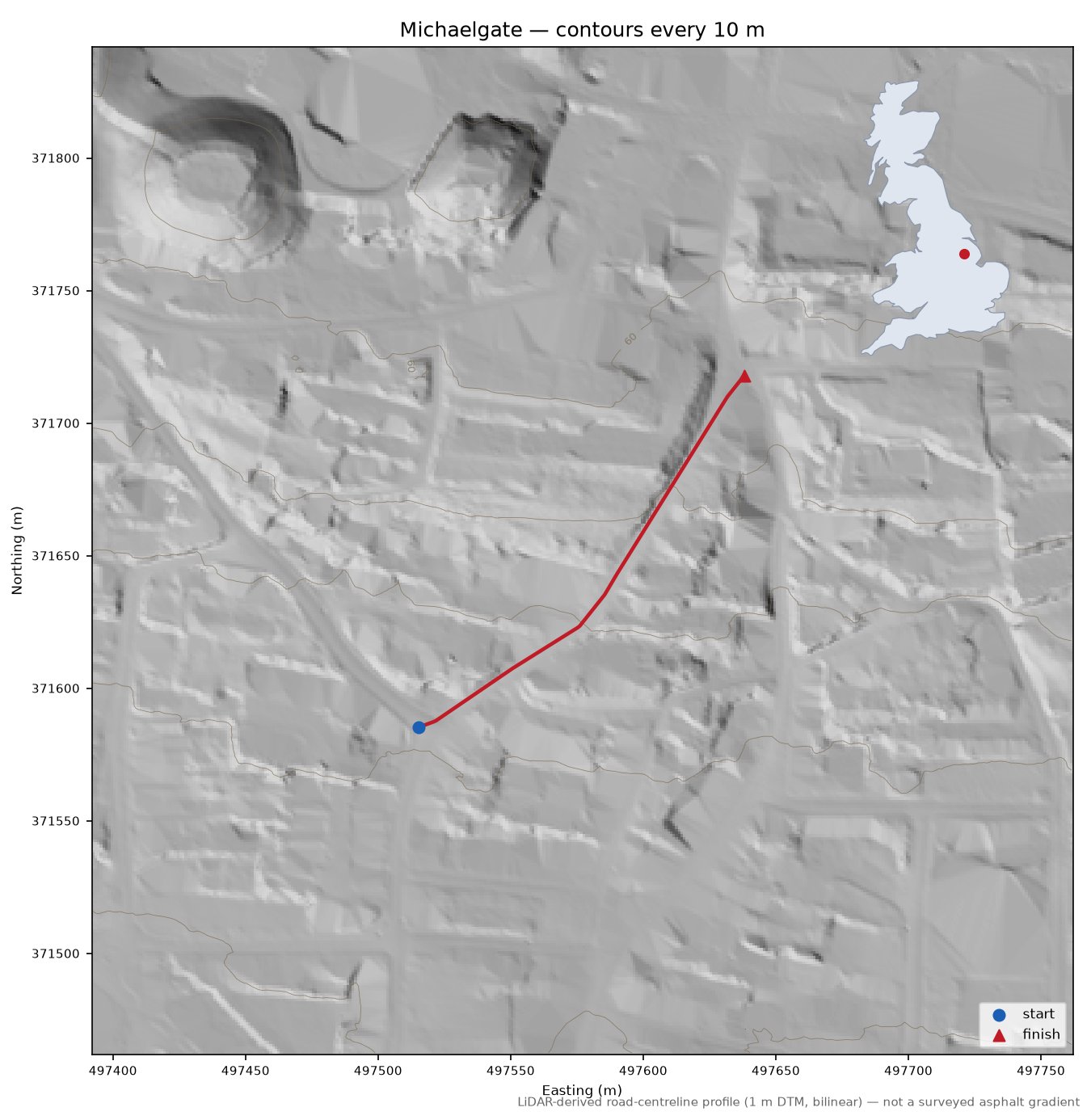 Michaelgate LiDAR hillshade map with contours