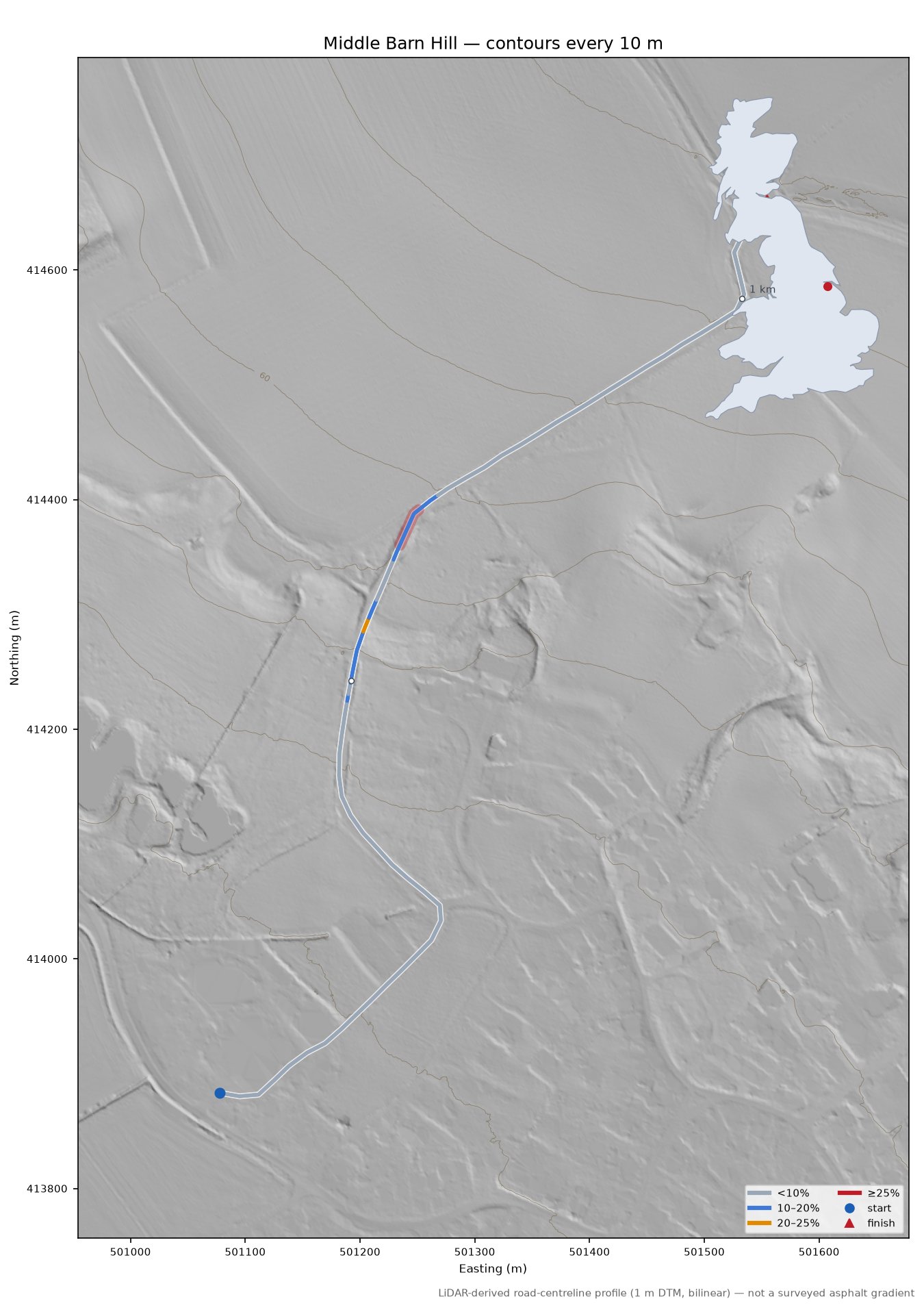 Middle Barn Hill LiDAR hillshade map with contours