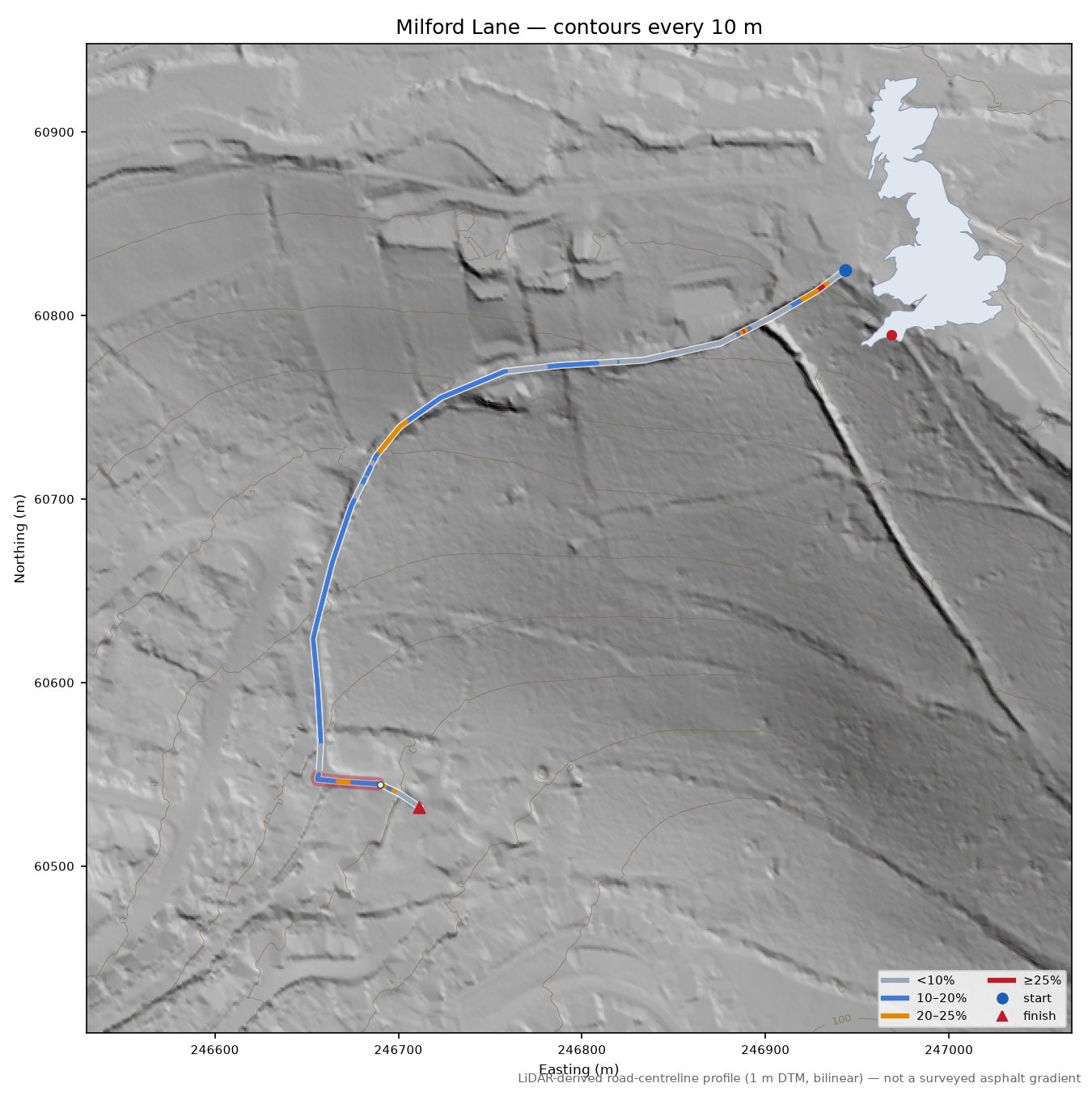 Milford Lane LiDAR hillshade map with contours