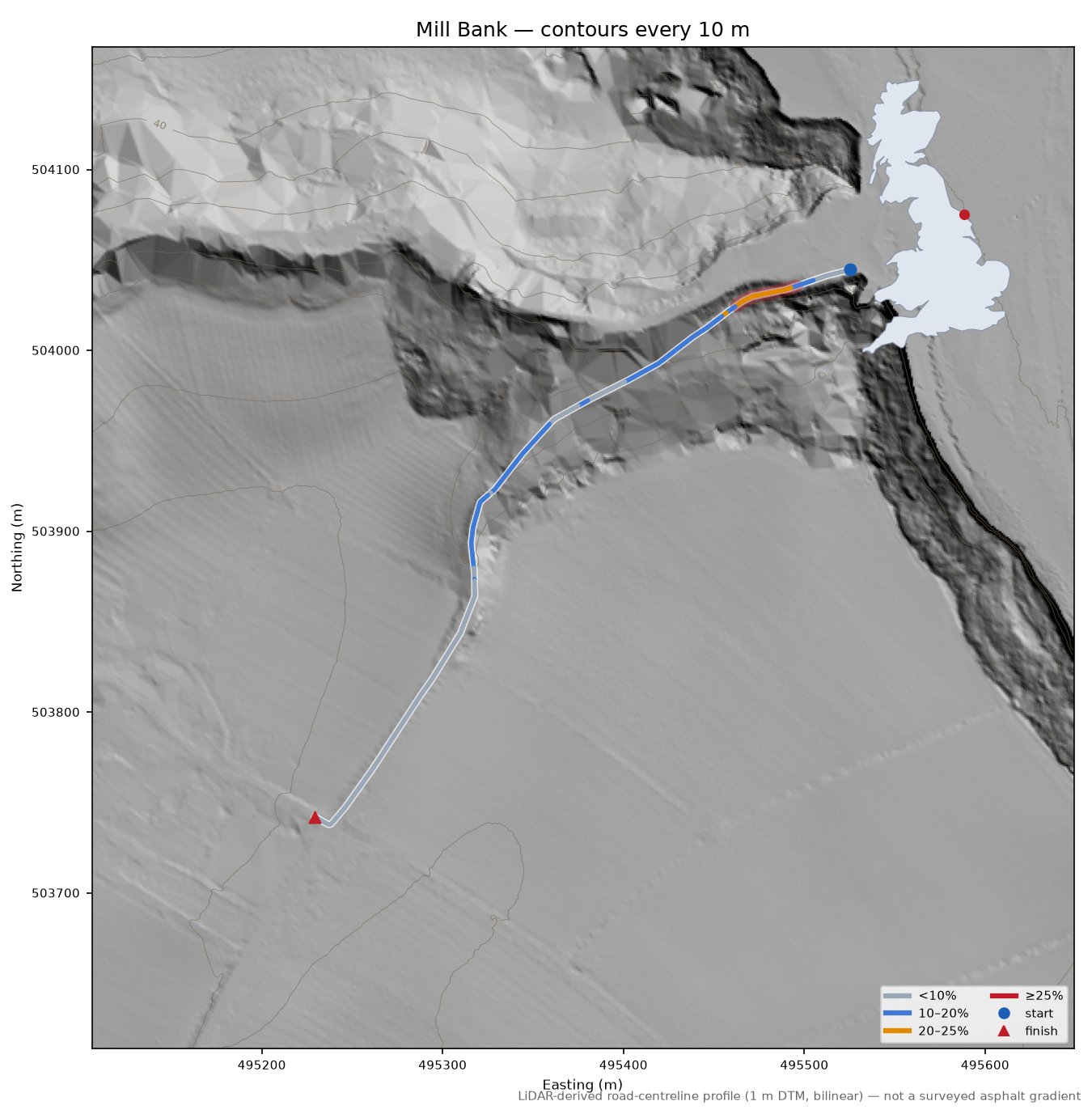 Mill Bank LiDAR hillshade map with contours