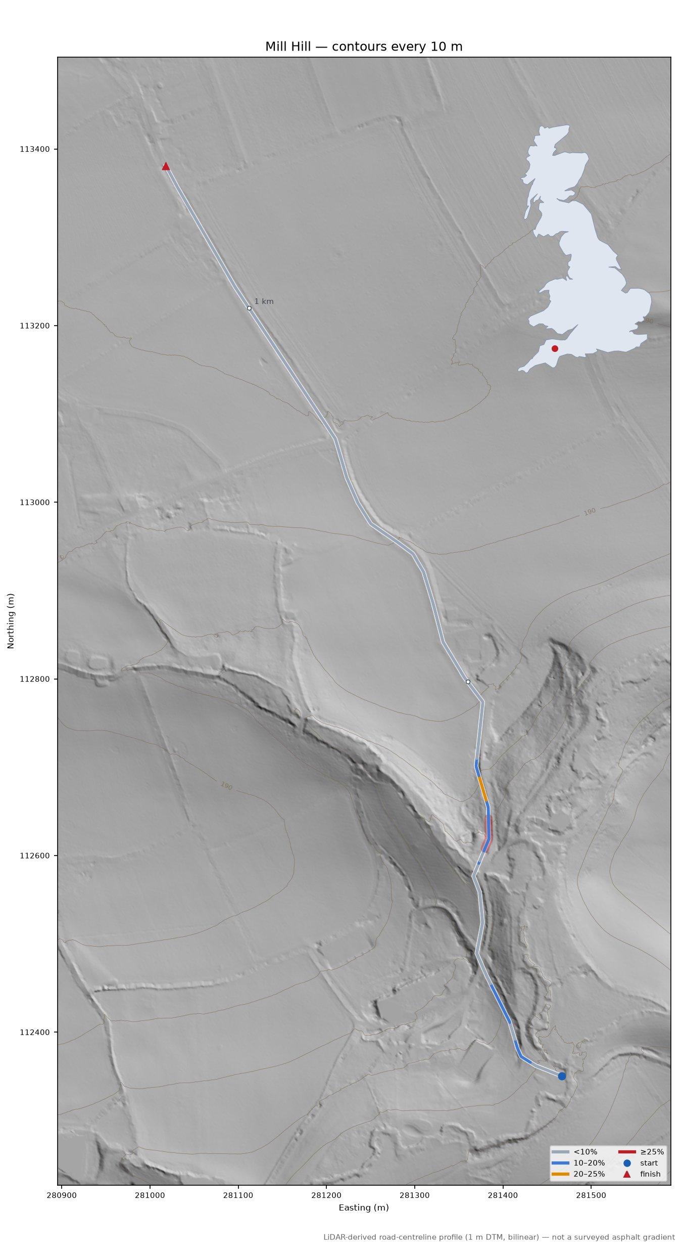 Mill Hill LiDAR hillshade map with contours