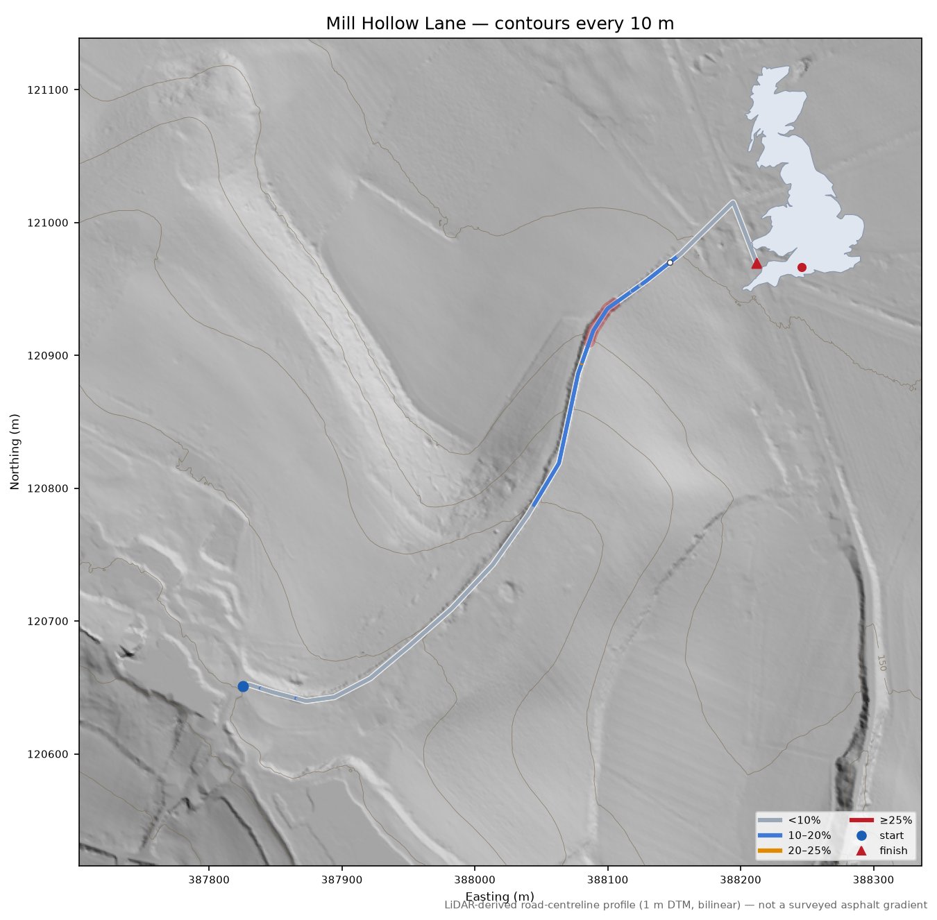 Mill Hollow Lane LiDAR hillshade map with contours