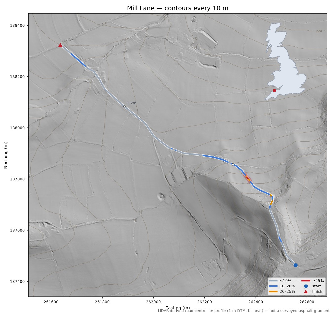 Mill Lane LiDAR hillshade map with contours
