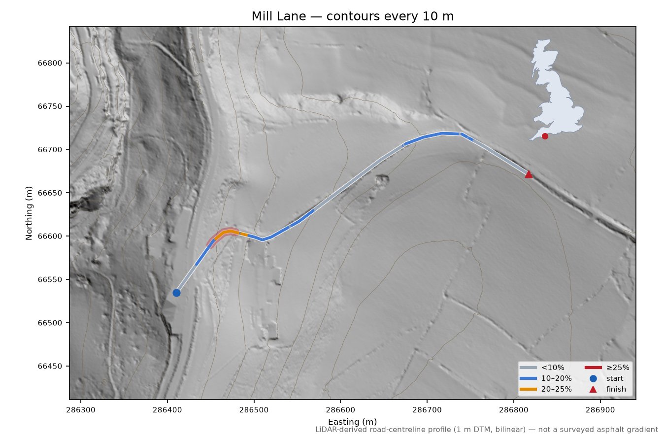 Mill Lane LiDAR hillshade map with contours