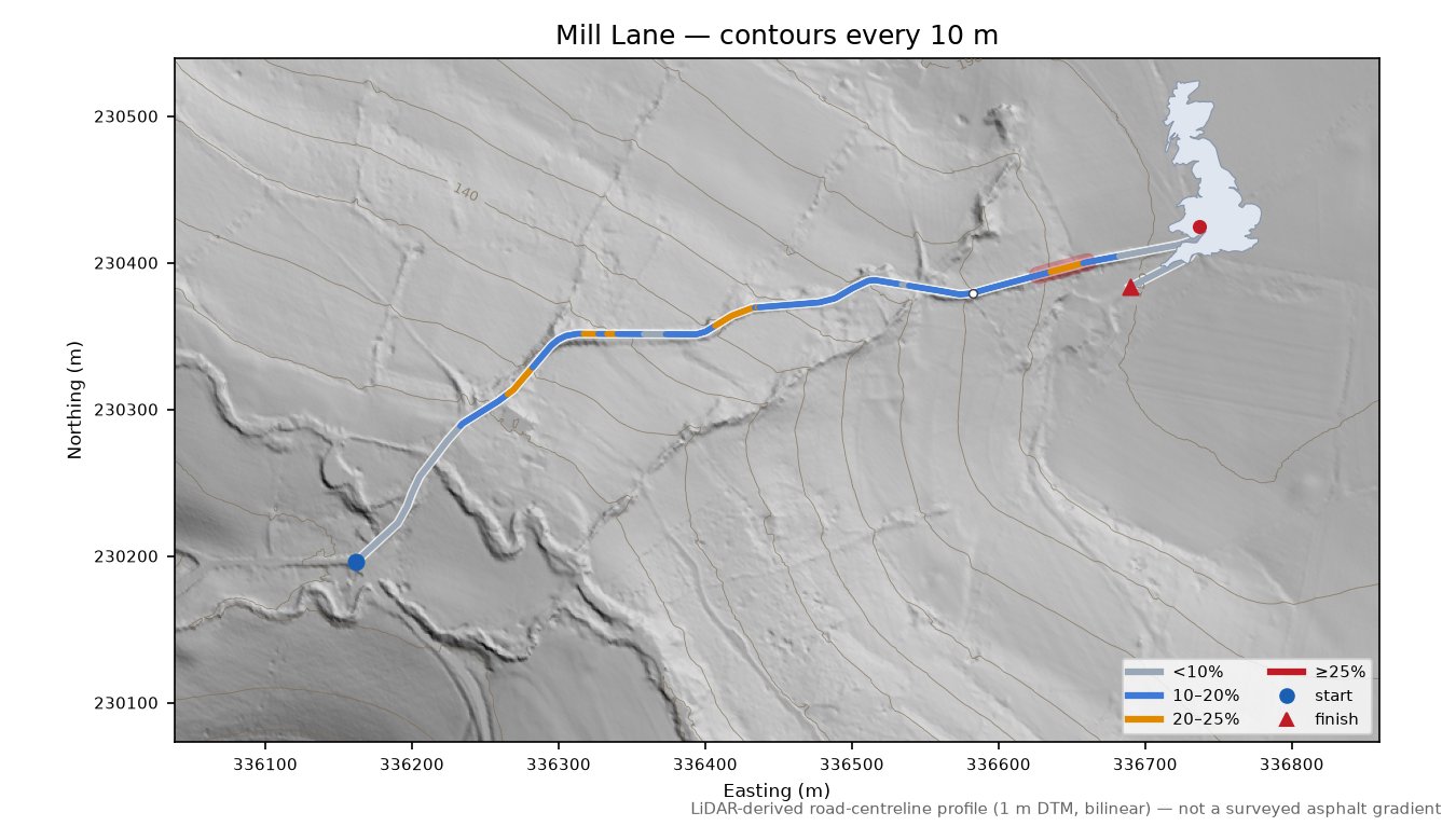 Mill Lane LiDAR hillshade map with contours