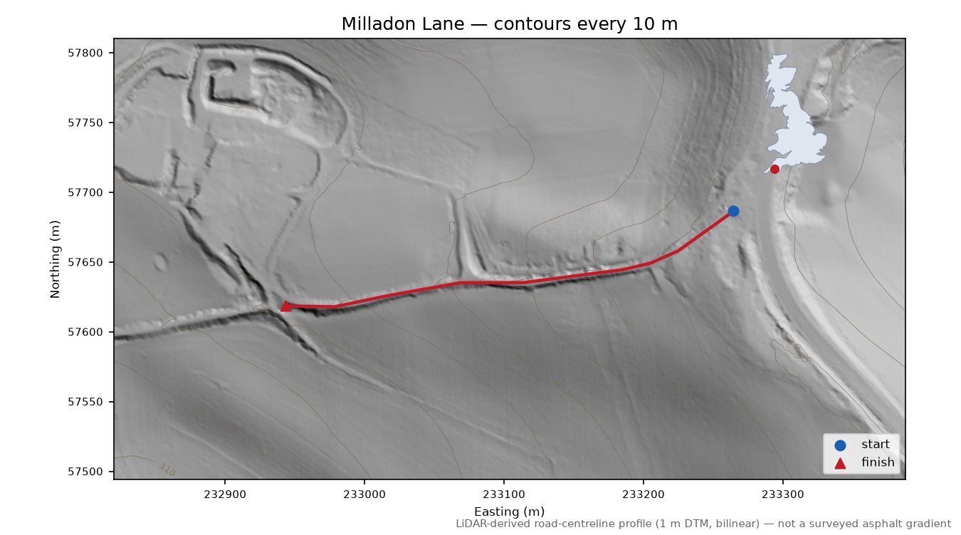 Milladon Lane LiDAR hillshade map with contours