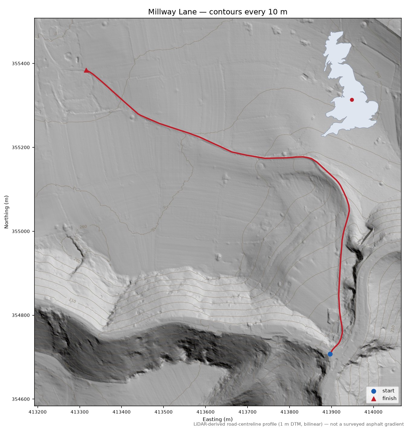 Millway Lane LiDAR hillshade map with contours
