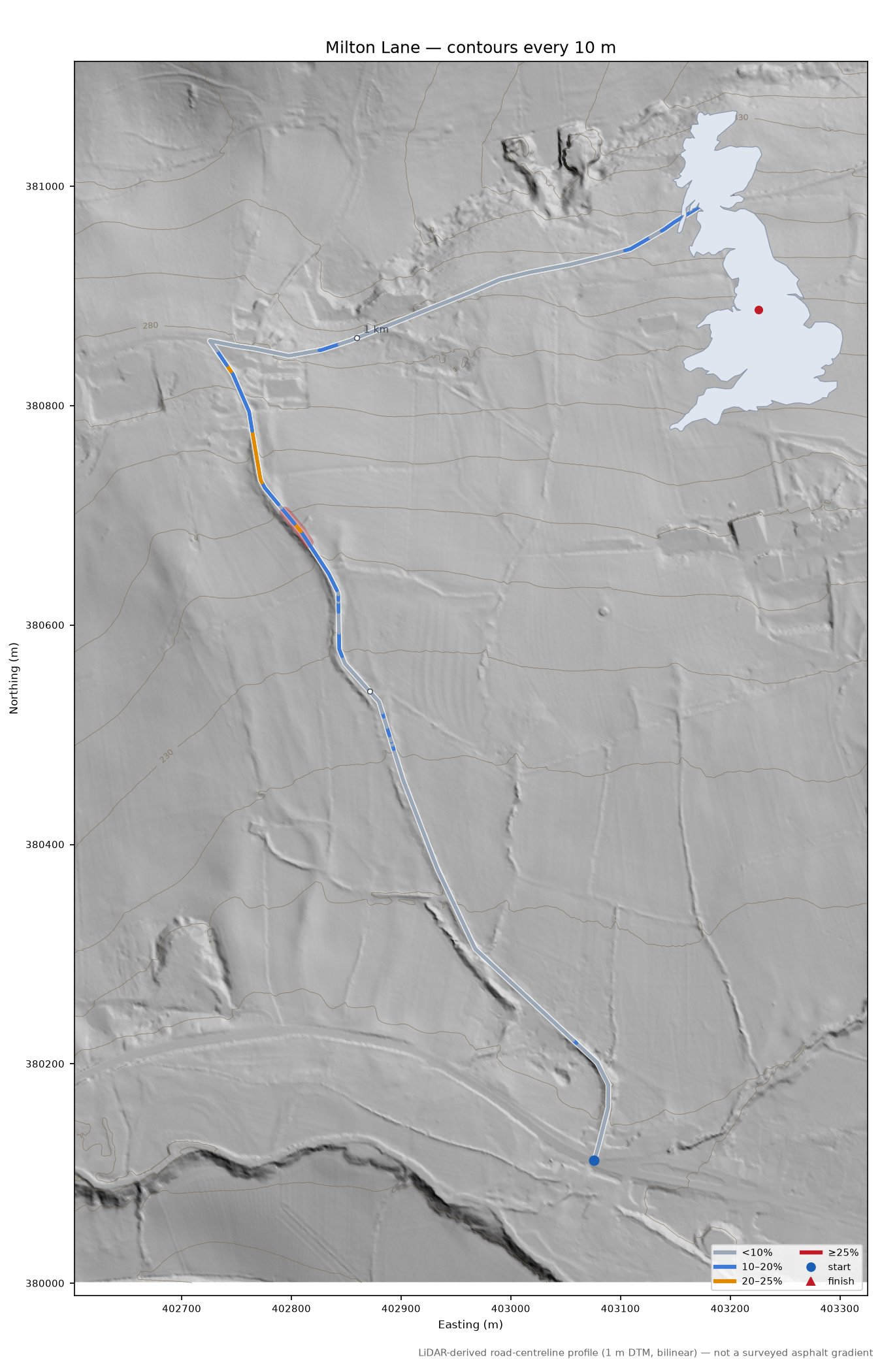 Milton Lane LiDAR hillshade map with contours