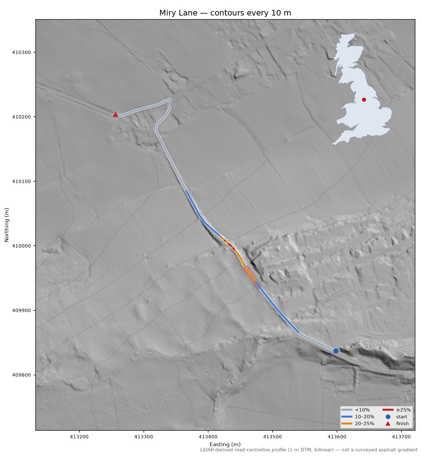 Miry Lane LiDAR hillshade map with contours