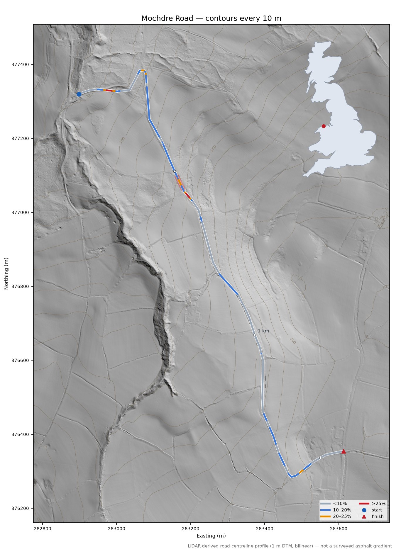 Mochdre Road LiDAR hillshade map with contours