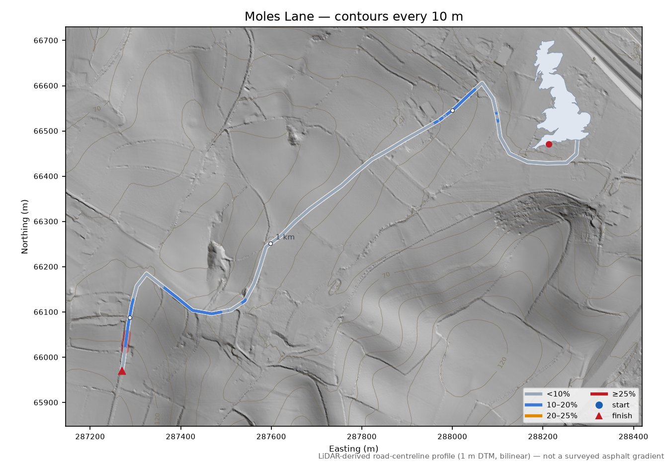 Moles Lane LiDAR hillshade map with contours