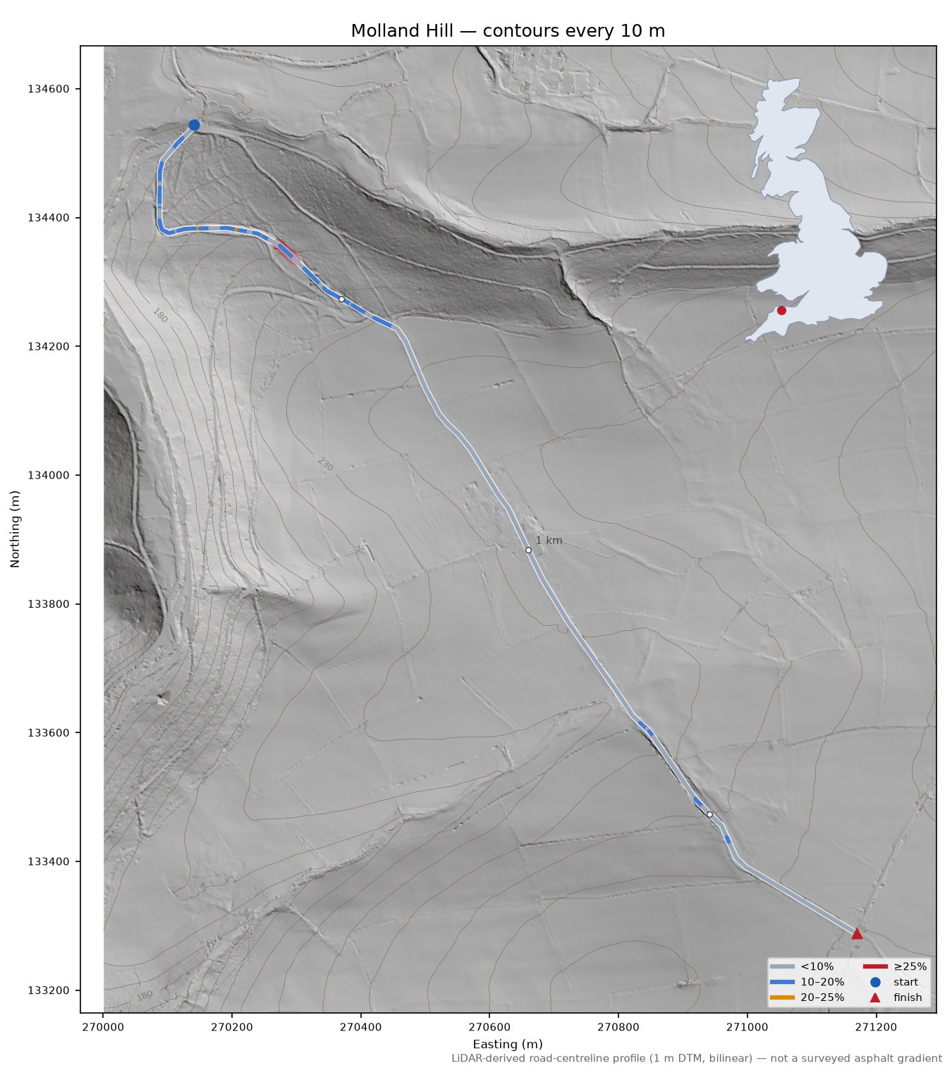 Molland Hill LiDAR hillshade map with contours